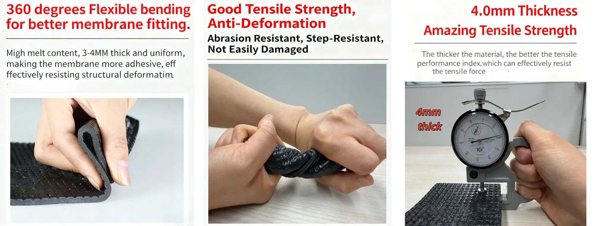 JY-NSB polimeru modifikuotos asfalto šaknų pradūrimui atsparios hidroizoliacinės membranos detalė